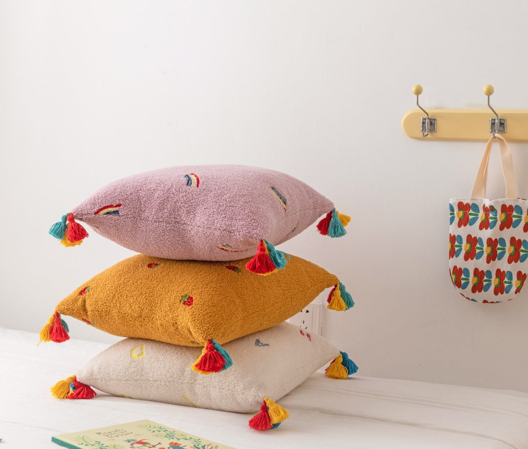 Teddy Velvet Embroidered Tassel Comfortable Soft Pillow
