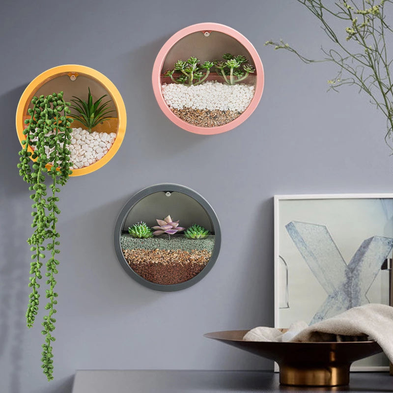 Round Iron Wall Vase Home Living Room Restaurant Hanging  Art Glass Vases