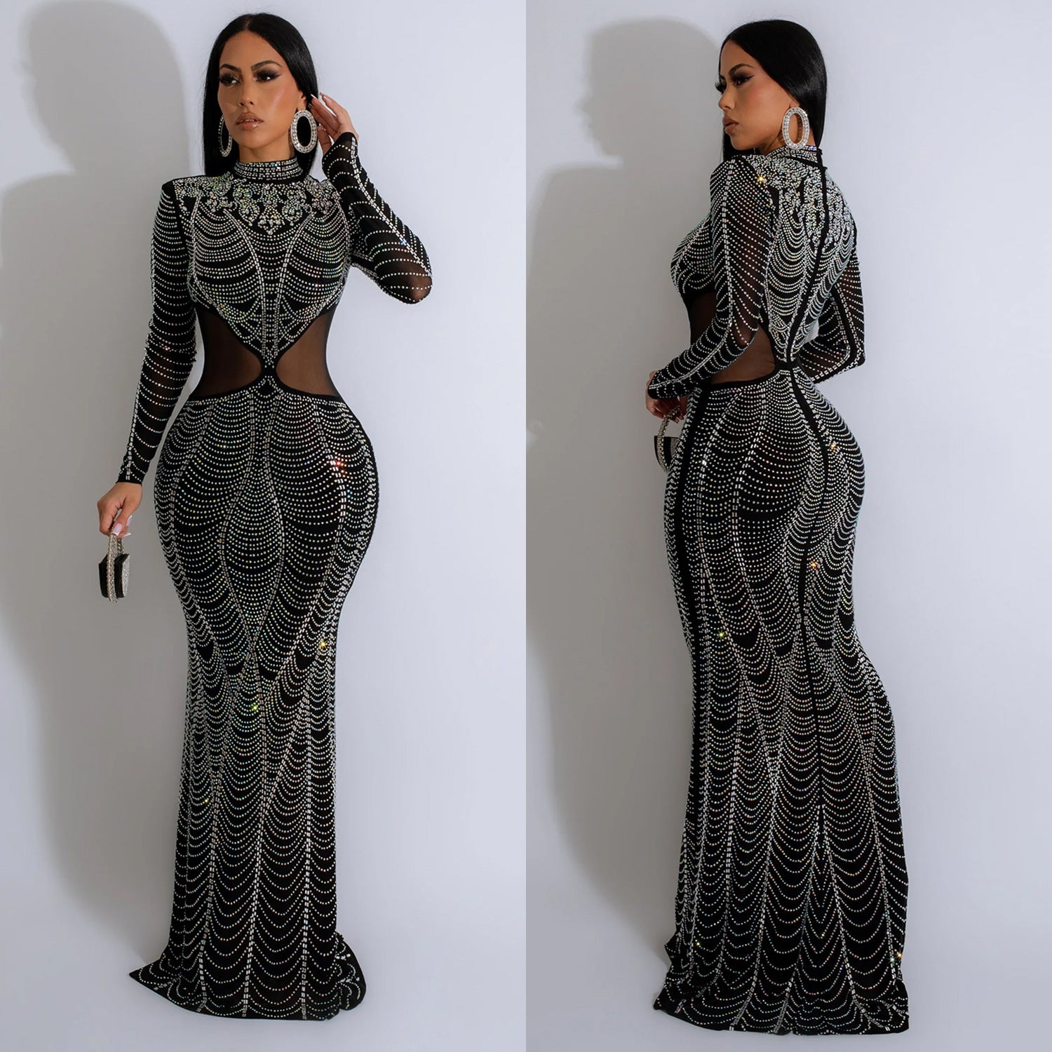 Women's Wear Pure Color Mesh Hot Drilling Dress
