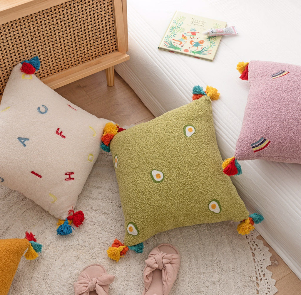 Teddy Velvet Embroidered Tassel Comfortable Soft Pillow