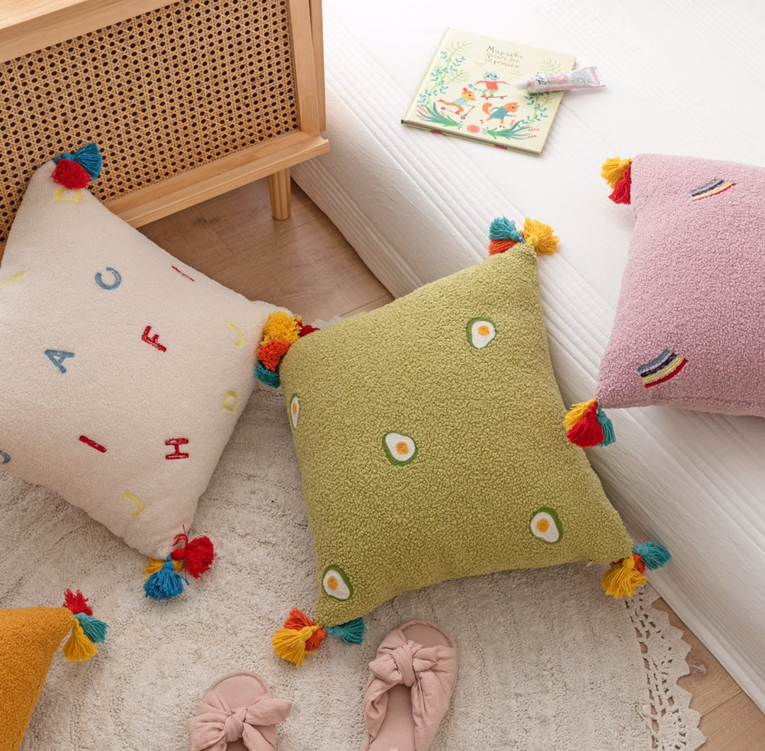 Teddy Velvet Embroidered Tassel Comfortable Soft Pillow