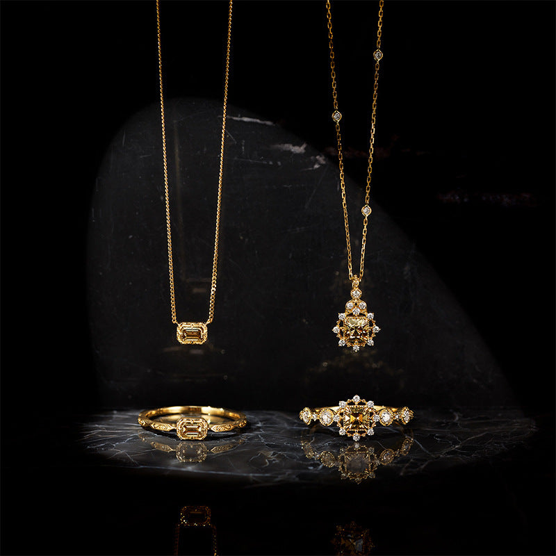 Silver Gilded Luxury Brown Zircon Ring Necklace Set