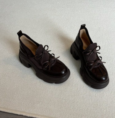 Soft Leather Vintage Round Toe Platform Loafers Women Bow Mary Jane Leather Shoes Casual Flats