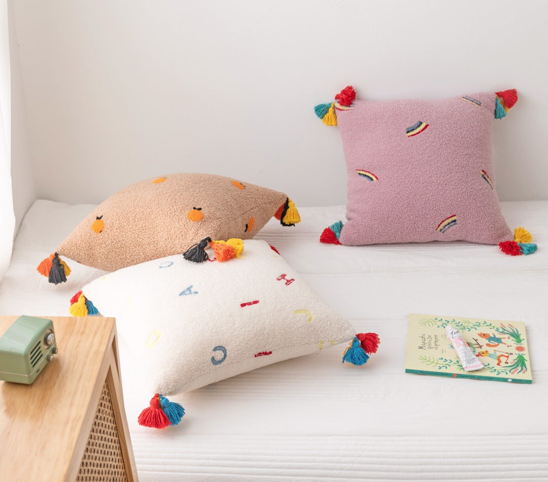 Teddy Velvet Embroidered Tassel Comfortable Soft Pillow