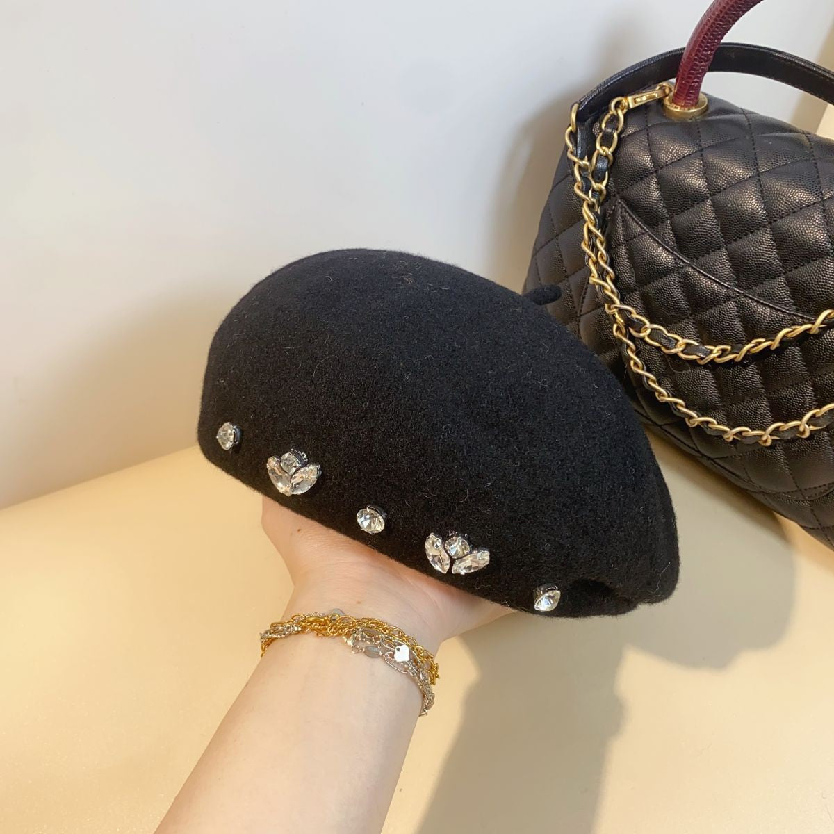 Women's Autumn And Winter British Rhinestone Wool Beret