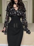 Black Floral Chiffon Overlay & Bodycon Midi Skirt 2-Piece Set With Tassel Belt