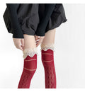 Coquette Red Sheer Lace Knee High Socks With Beige Ruffle Trim, Hollow-Out Slouchy Knit Socks, Sweet Balletcore Socks For Mary Jane Shoes & Lolita Style