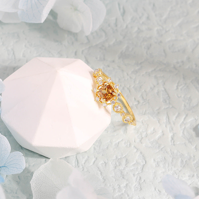 Silver Gilded Luxury Brown Zircon Ring Necklace Set