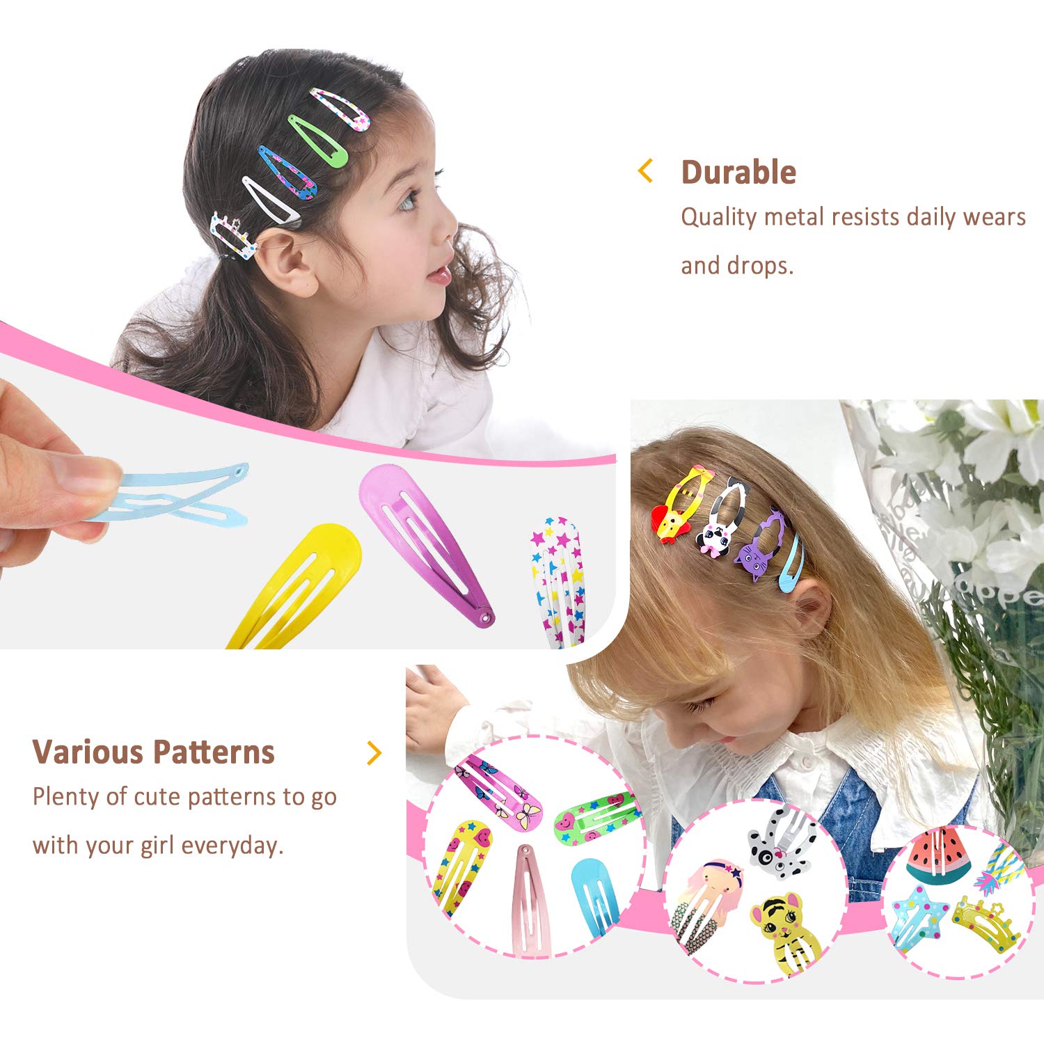Hair Clips For Girls,100 Pcs No Slip Metal Snap, Barrettes For Kids Teens Women, Cute Candy Color Cartoon Design Hair Pins Animals Fruits Crowns Stars