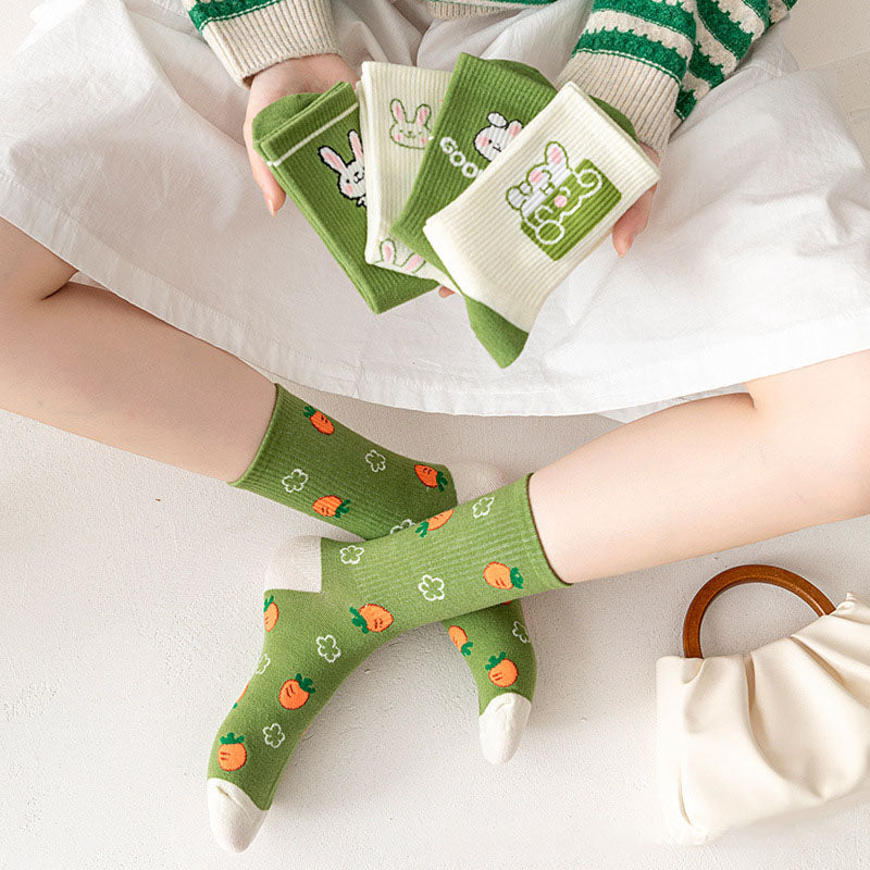 Cartoon Rabbit Carrot Green Women Socks