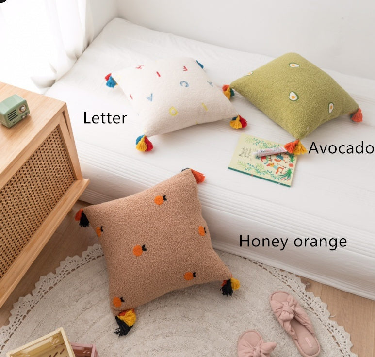 Teddy Velvet Embroidered Tassel Comfortable Soft Pillow