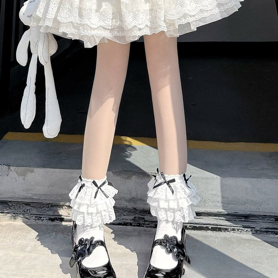 Coquette Tiered Lace Ruffle Ankle Socks, White Socks With Black Satin Bow Accents, Cute Lolita Frill Trim Socks For Mary Jane Shoes & Balletcore