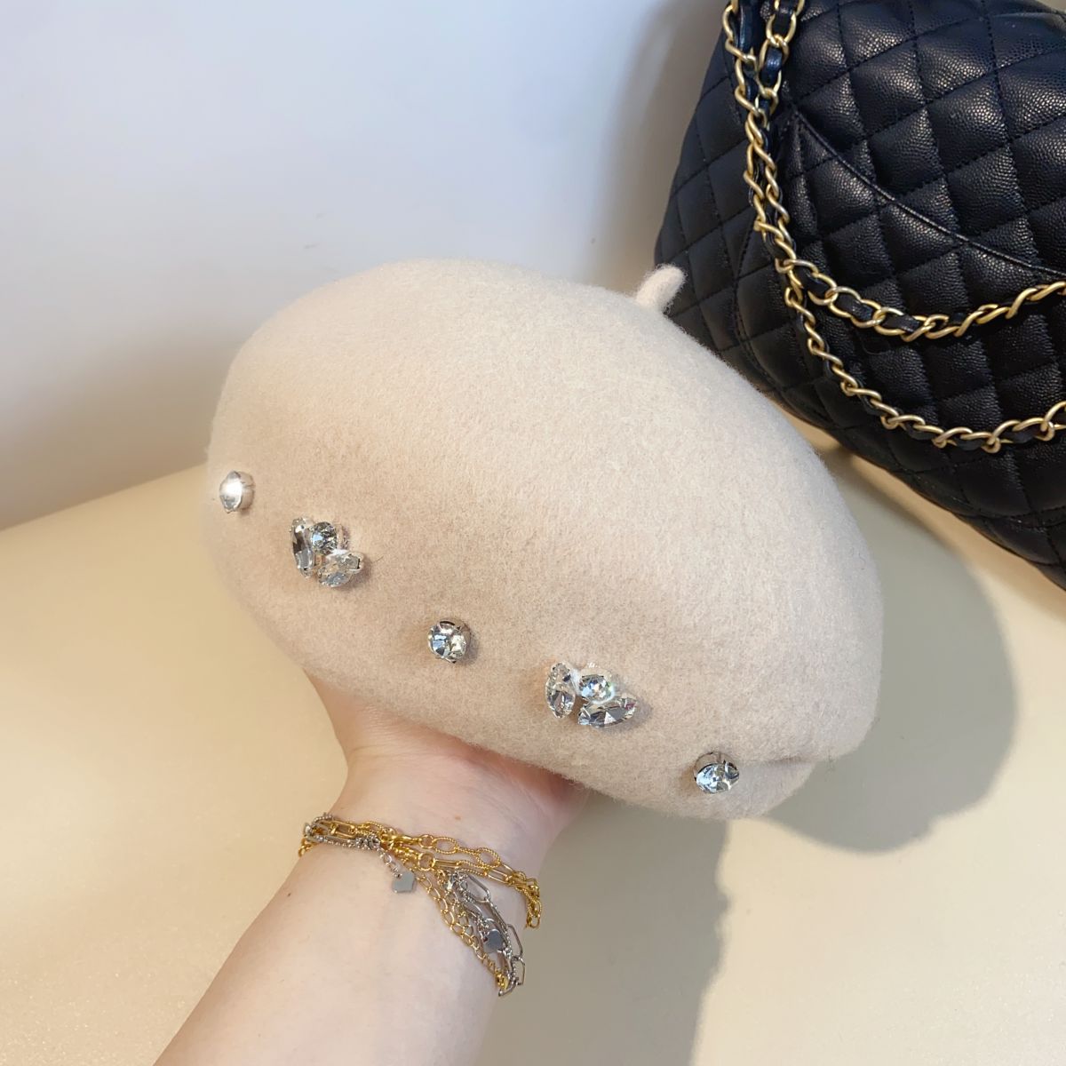 Women's Autumn And Winter British Rhinestone Wool Beret