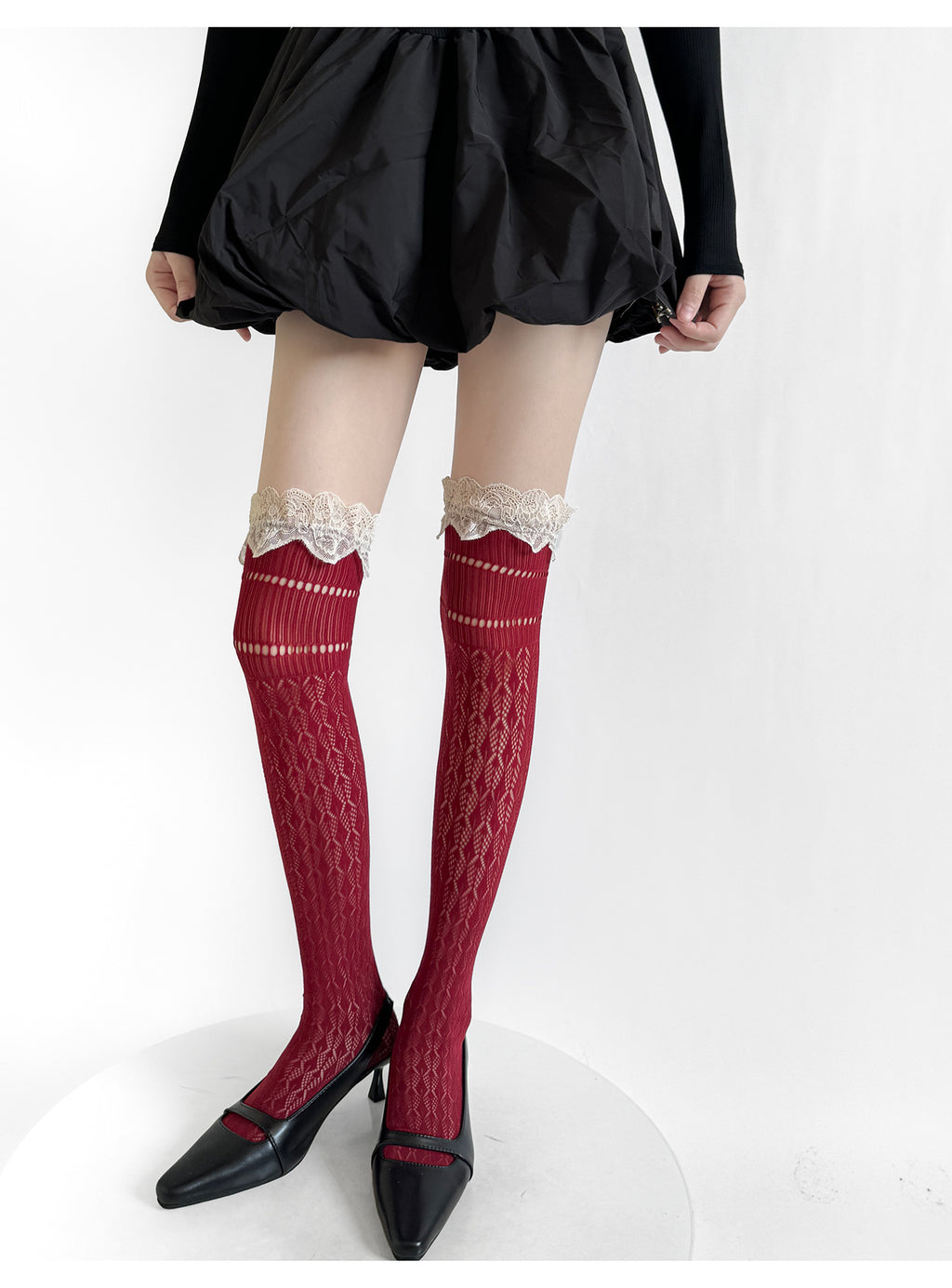 Coquette Red Sheer Lace Knee High Socks With Beige Ruffle Trim, Hollow-Out Slouchy Knit Socks, Sweet Balletcore Socks For Mary Jane Shoes & Lolita Style