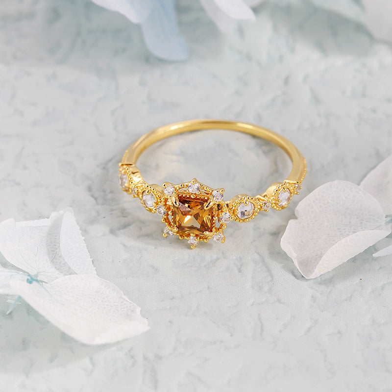 Silver Gilded Luxury Brown Zircon Ring Necklace Set