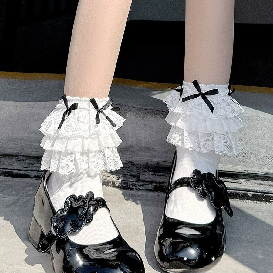 Coquette Tiered Lace Ruffle Ankle Socks, White Socks With Black Satin Bow Accents, Cute Lolita Frill Trim Socks For Mary Jane Shoes & Balletcore