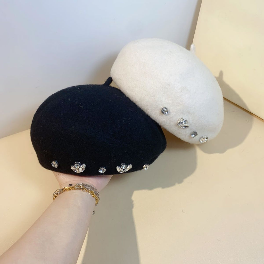 Women's Autumn And Winter British Rhinestone Wool Beret