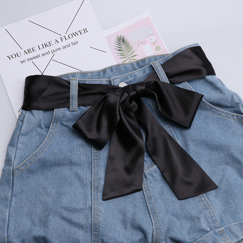 Fashion Solid Color Extra Long Wide Ribbon Belt With Skirt Decoration
