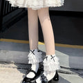 Coquette Tiered Lace Ruffle Ankle Socks, White Socks With Black Satin Bow Accents, Cute Lolita Frill Trim Socks For Mary Jane Shoes & Balletcore