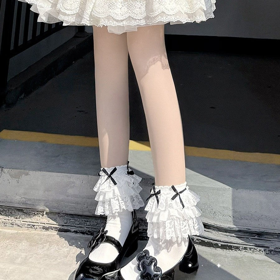 Coquette Tiered Lace Ruffle Ankle Socks, White Socks With Black Satin Bow Accents, Cute Lolita Frill Trim Socks For Mary Jane Shoes & Balletcore